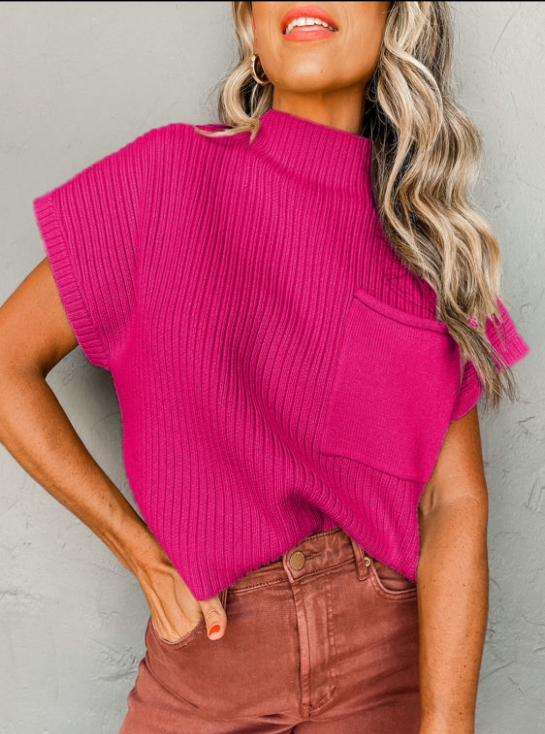 Rose Red Patch Pocket Short Sleeve Sweater