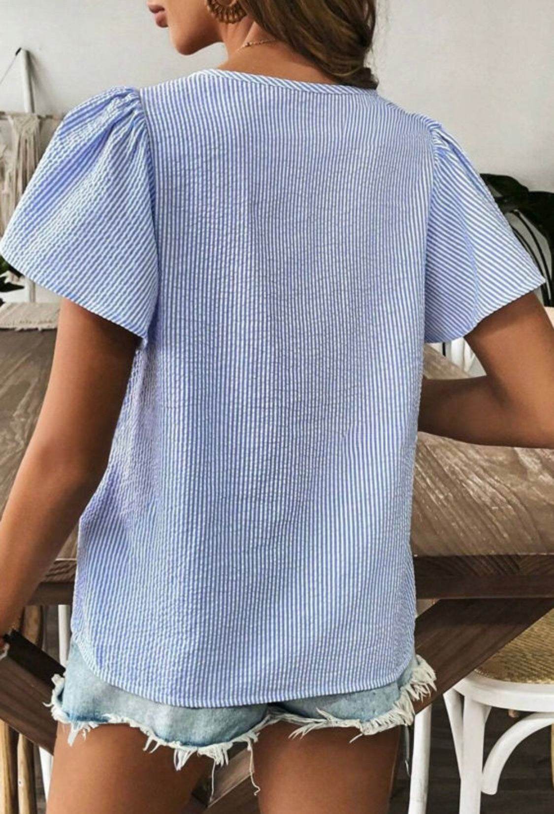 Sky Blue Stripped Crochet Applique Boho Blouse