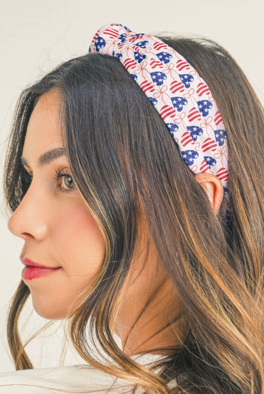 White Independence Day Heart Print Knotted Headband