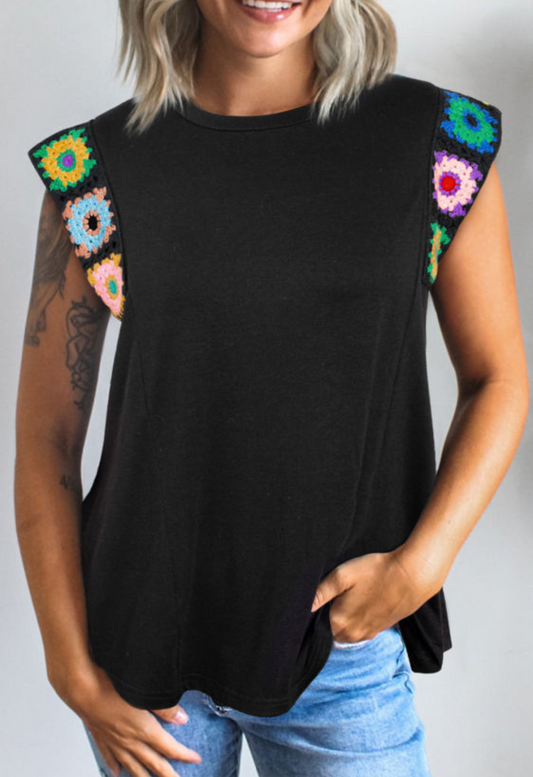 Black FloralCrochet Patchwork Crew Neck Sleeveless Top