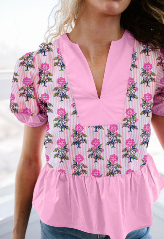 Rose Floral Striped Print Patchwork Ruffle Him Blouse