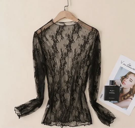 Black Semi sheer Mesh Floral Lace Layering Shirt