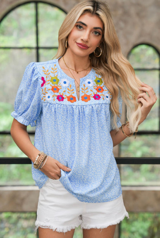 Sky Blue Floral Embroidered  Notched V Neck Puff Sleeved Blouse