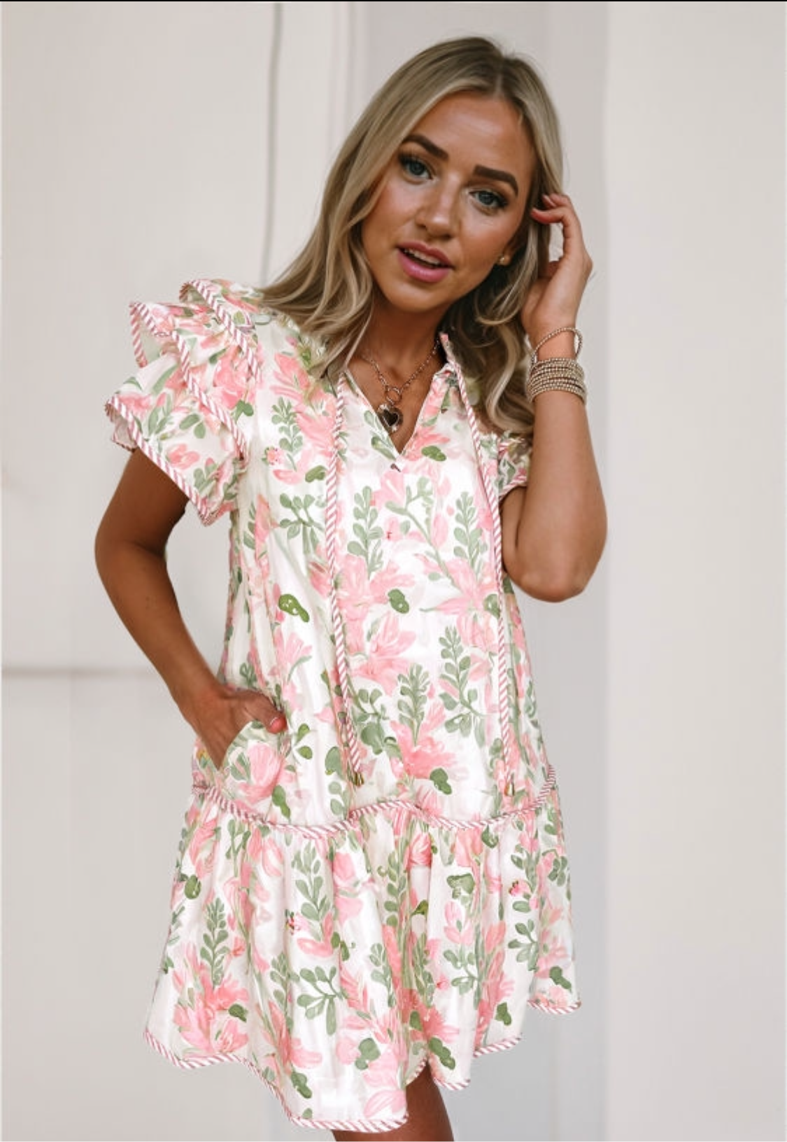 Pink Floral Contrast Edge Ruffle Sleeve Tie Neck Mini Dress