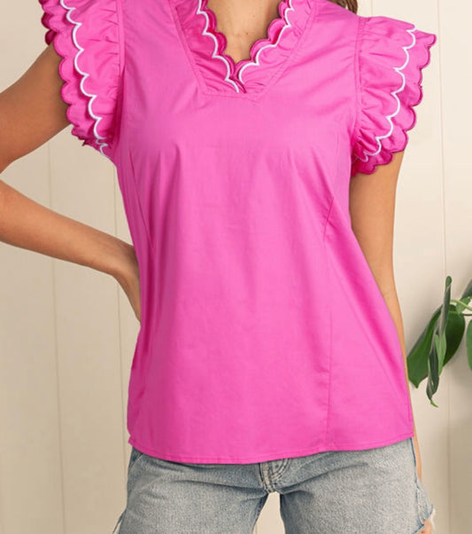 Bright Pink Scallop Trim V Neck Layered Short Sleeve Blouse