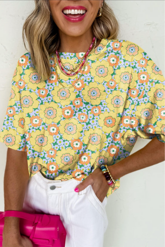 Yellow Summer Flower Print Drop Shoulder Loose T shirt