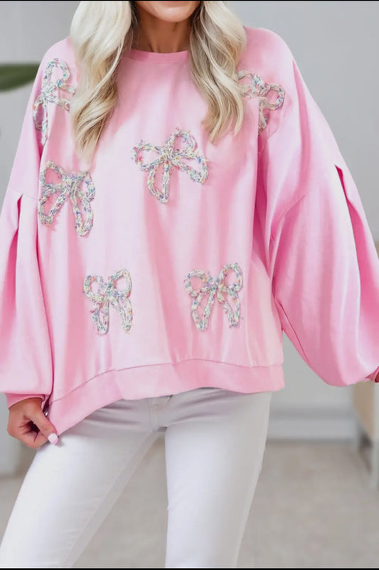 Bow Trim Puff Sleeve Sweatshirt