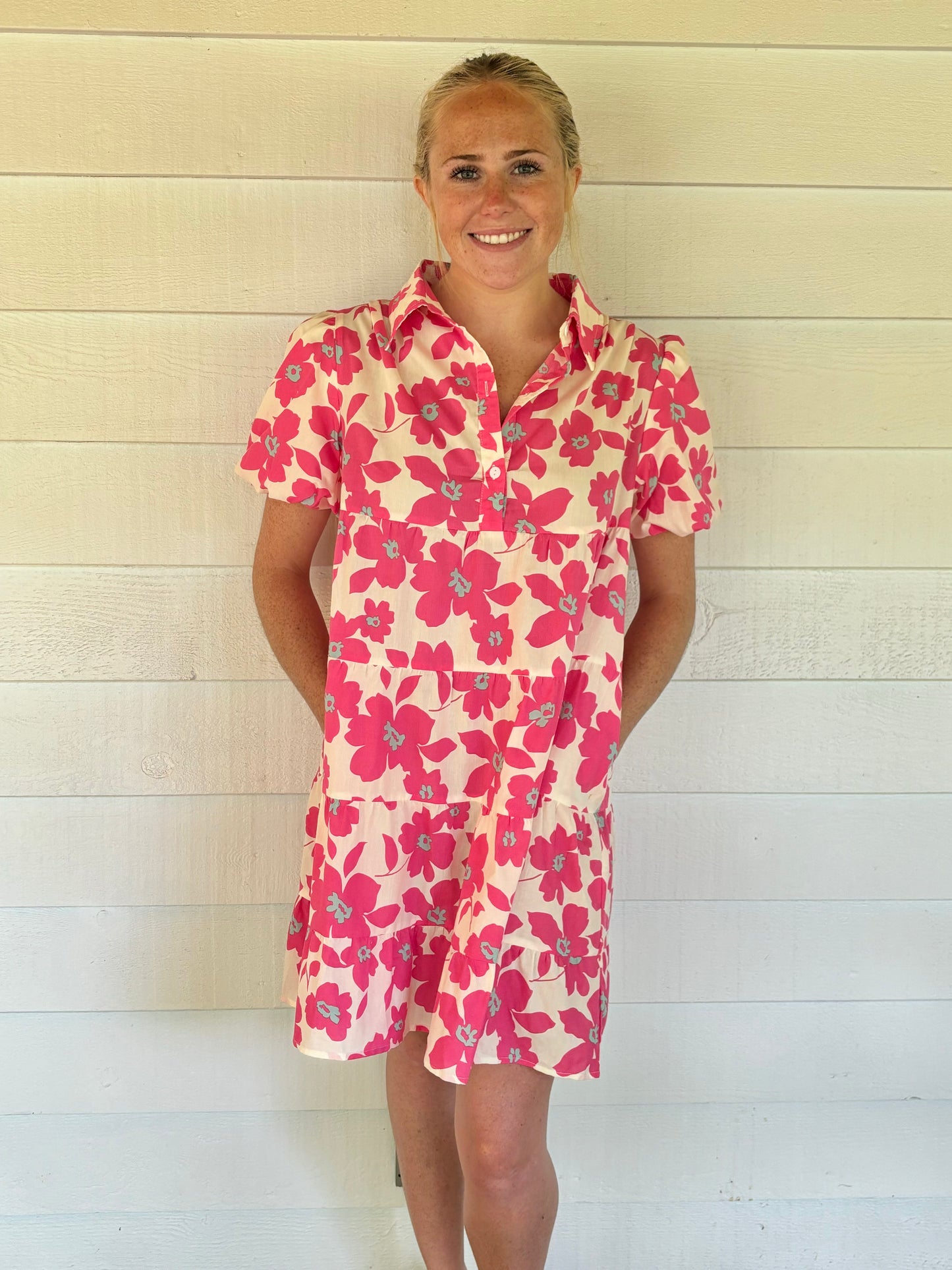 Pink Floral Lantern Sleeve Mini Dress