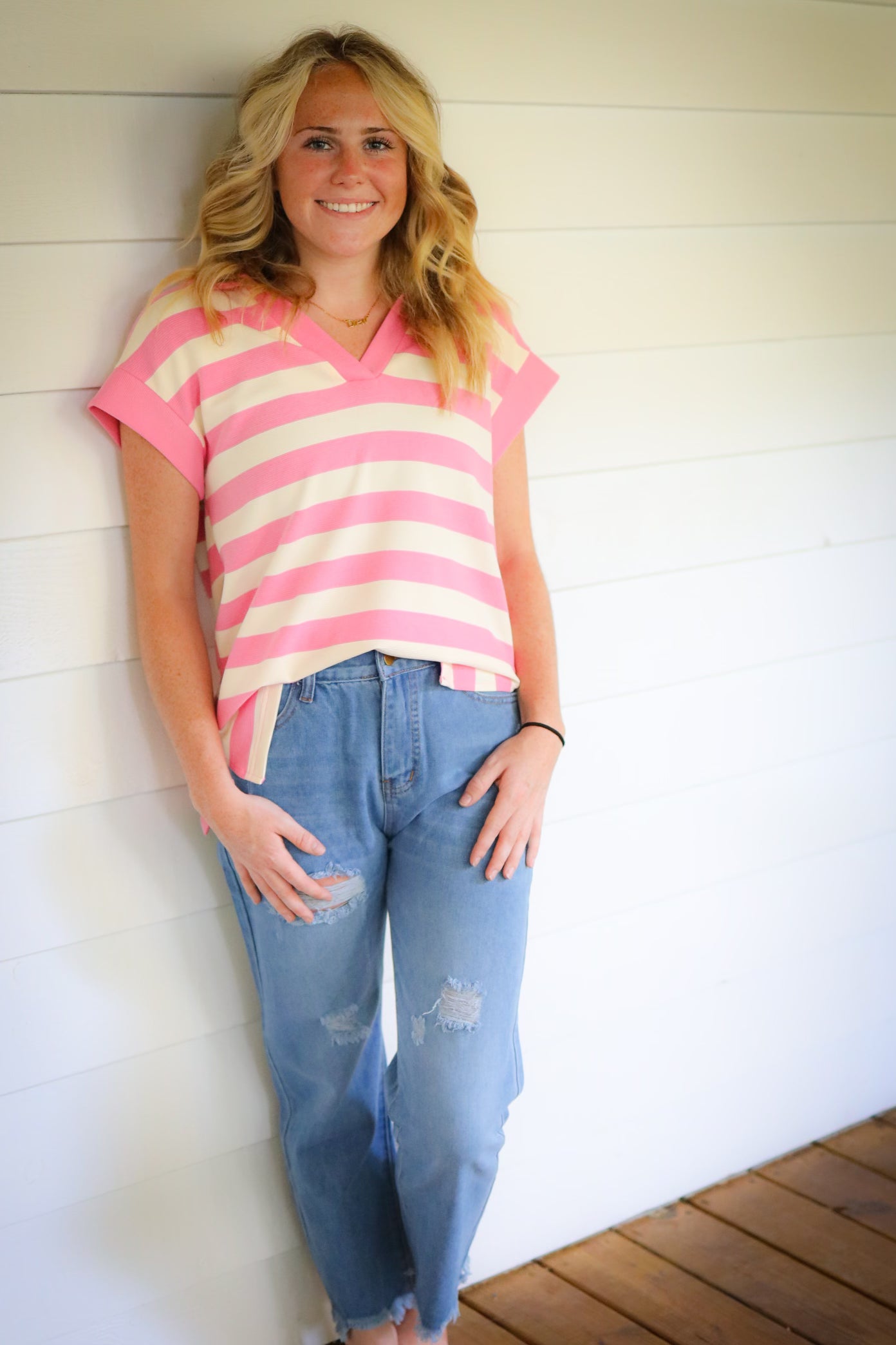 Pink Striped Cap Sleeve Top