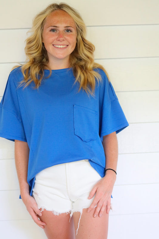 Blue Oversized Patch Pocket T-Shirt