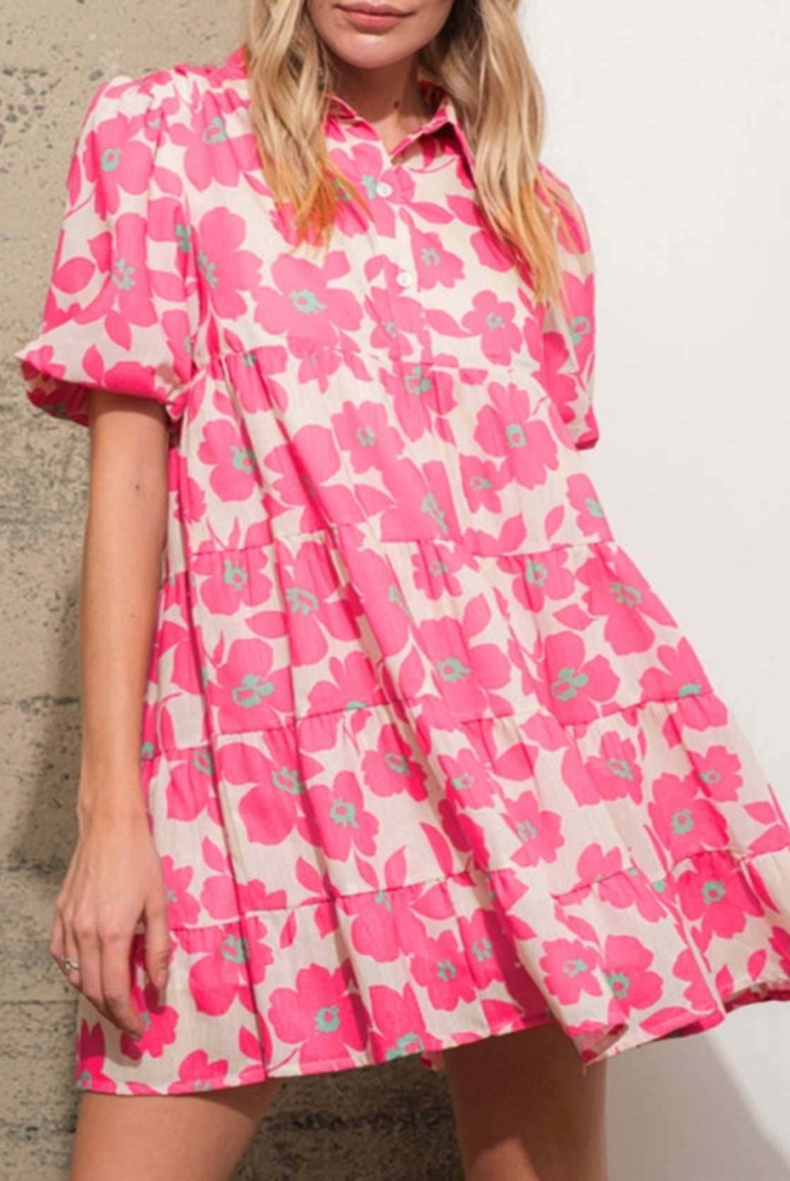 Pink Floral Lantern Sleeve Mini Dress