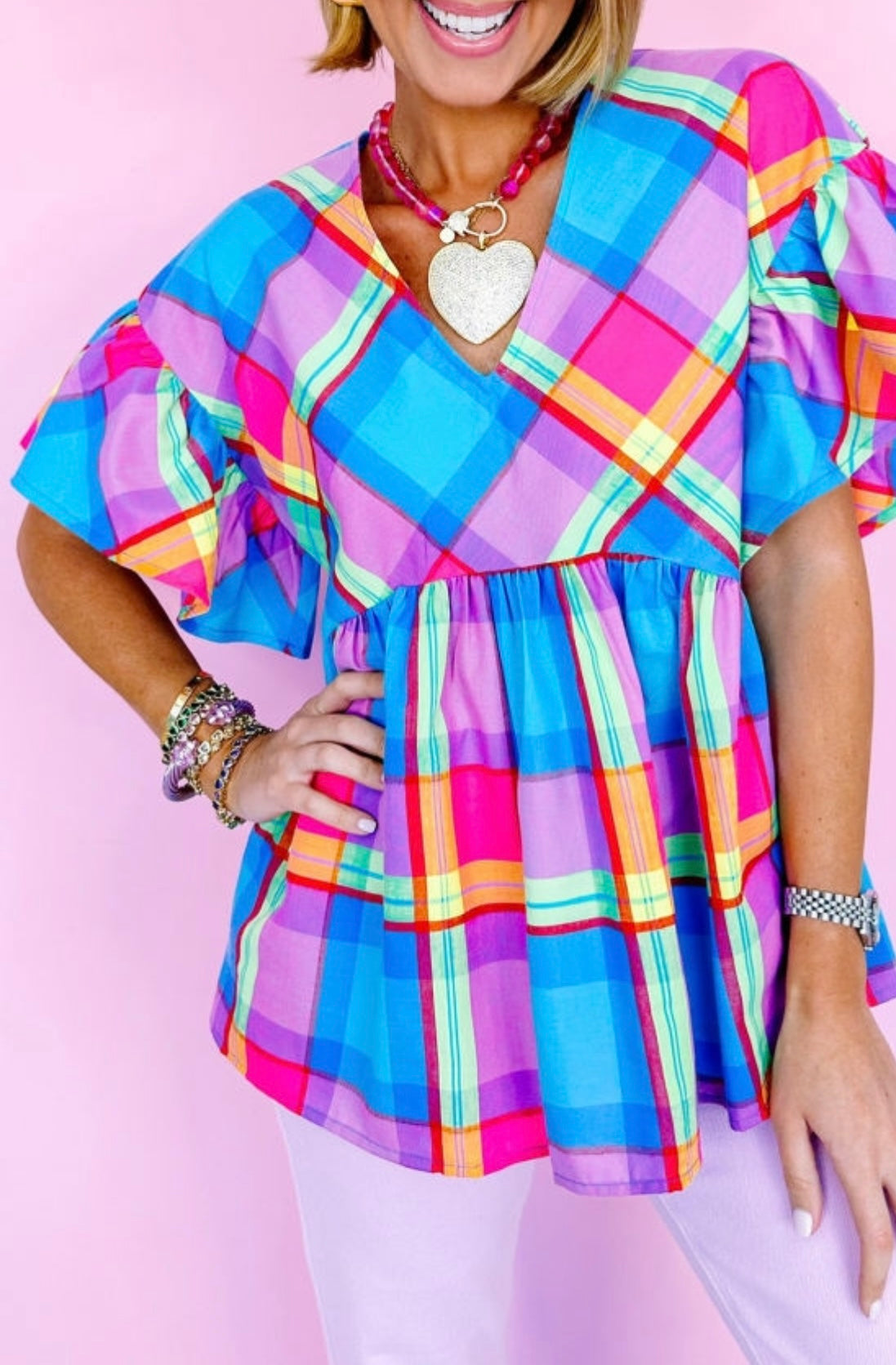 Sky Blue Colorful Plaid V Neck Ruffled