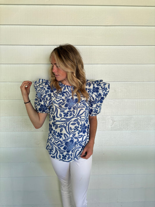 Deep Blue Floral Puff Sleeve Top