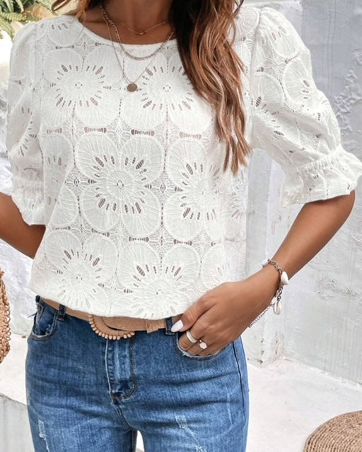 White Flower Eyelet Puff Sleeve Top